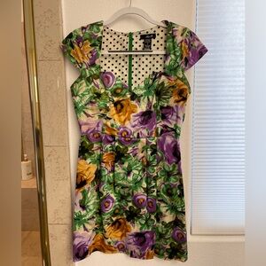 60’s style Purple Yellow Green Floral Mini Dress with Cap Sleeves